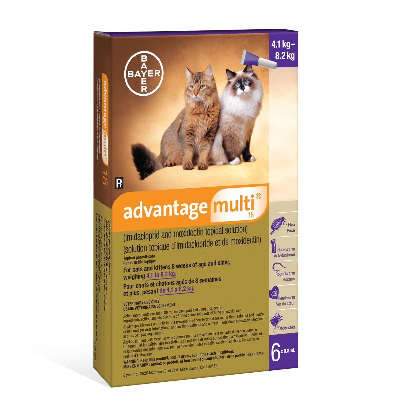 Advantage Multi 18 for Cats 4.1kg - 8.2kg 6x0.8mL (Purple)