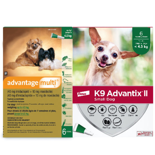 Advantage Multi 10 Duo (Advantage Multi-6 Tubes/K9 Advantix Small-6 Tubes) for Dogs < 4.5kg (Green)