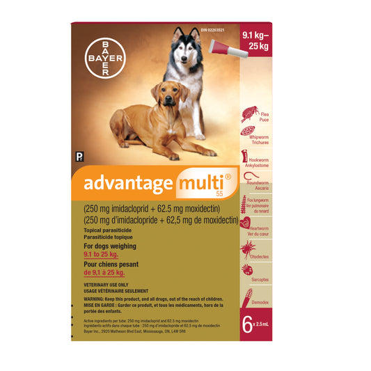 Advantage Multi 55 for Dogs 9.1kg - 25kg 6x2.5mL (Red)